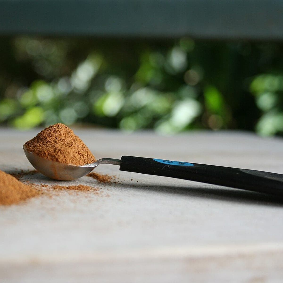 Sample image: a spoonful of finely milled reddish-brown botanical powder beside a small heap of it.